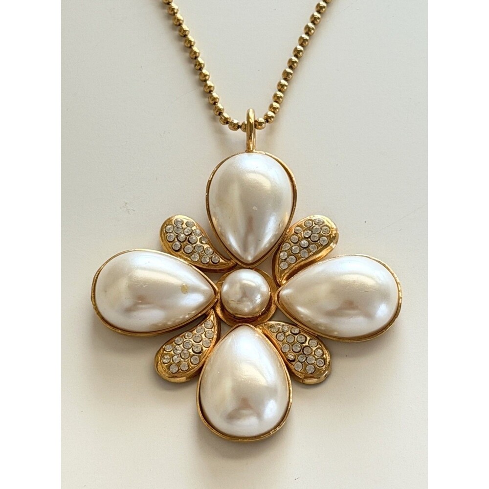 Vintage Rose Benedetti Signed Gold Faux Pearl Maltese Cross Pendant Necklace